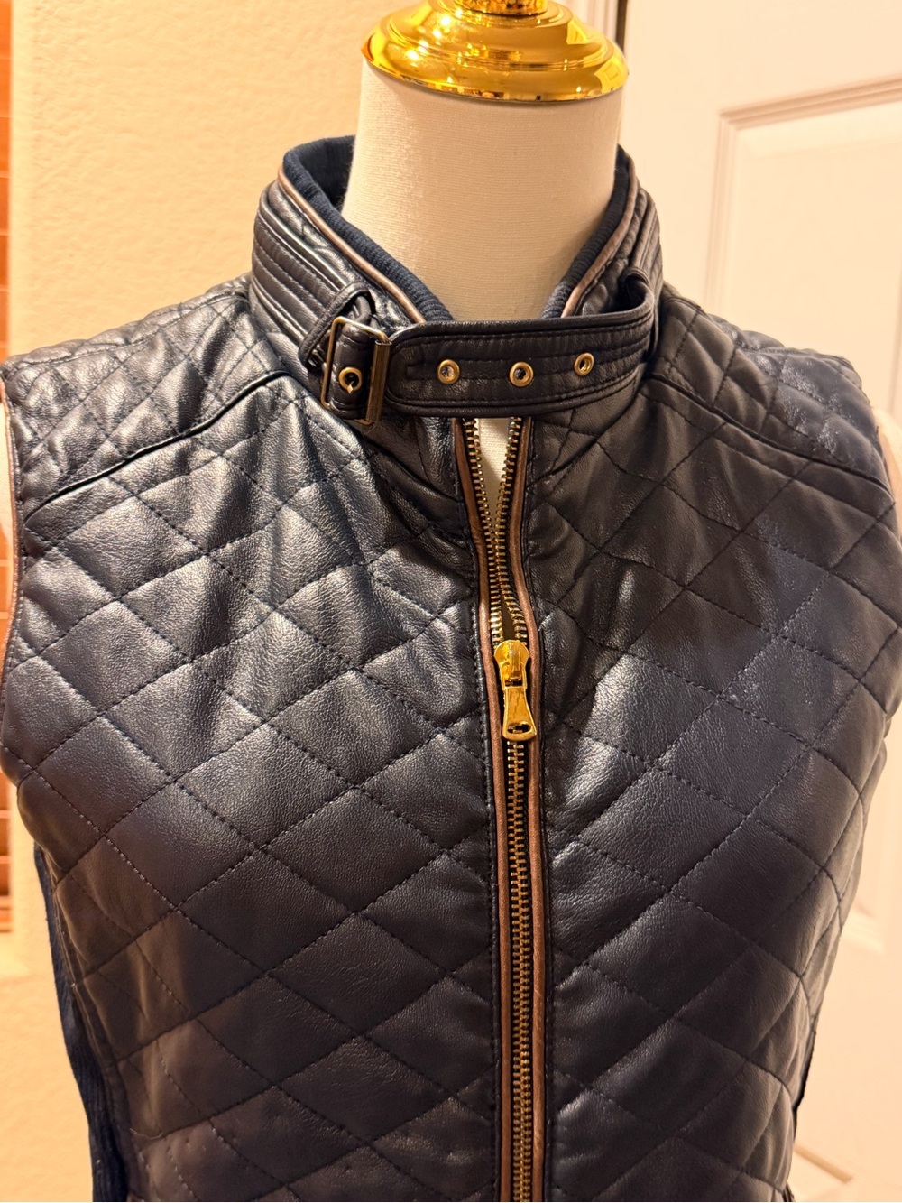 Fate Quilted Black Leather Sleeveless Vest with Gold Hardware